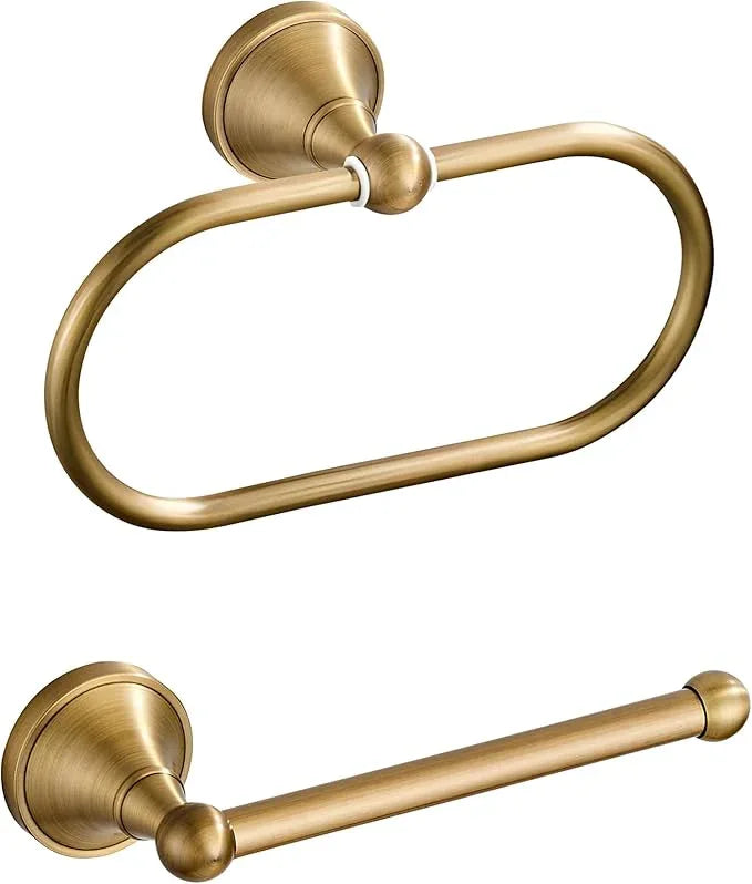 Antique Brass Toilet Paper Holder Towel Ring, Brass Towel Holder Toilet Paper Roll Holder, Rustic Vintage Oval Towel Rack Bathroom Accessories Set Hardware 2 Pieces Farmhouse Wall Mounted - ModernBath