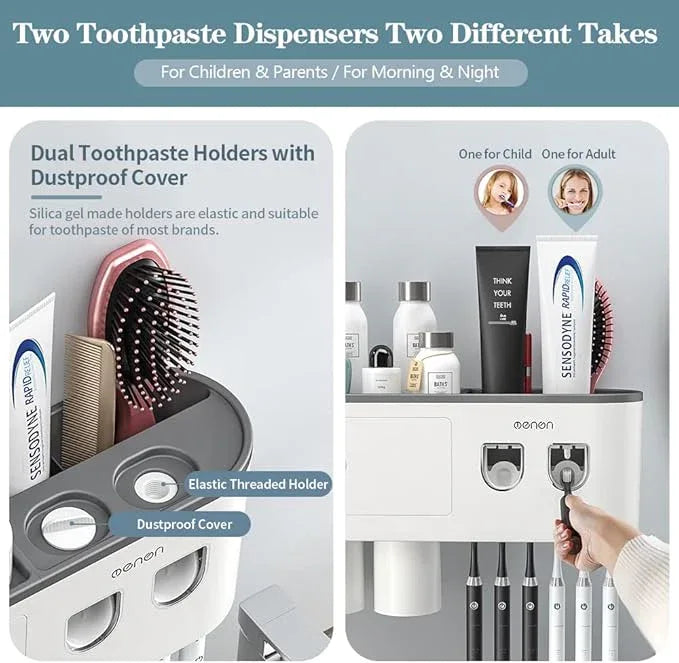 BHeadCat Toothbrush Holders Wall Mounted, Toothbrush Holder with Automatic Toothpaste Dispensers, 6 Brush Slots, 3 Magnetic Cups,1 Cosmetic Drawer Organizer and 1 Large Storage Tray - ModernBath
