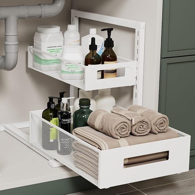 Under Sink Organizer Adjustable Height 2 Tier Bathroom Organizer Pull Out Cabinet Organer kitchen organizers and storage fridge organizers and storage,White,XL-1 Pack - ModernBath