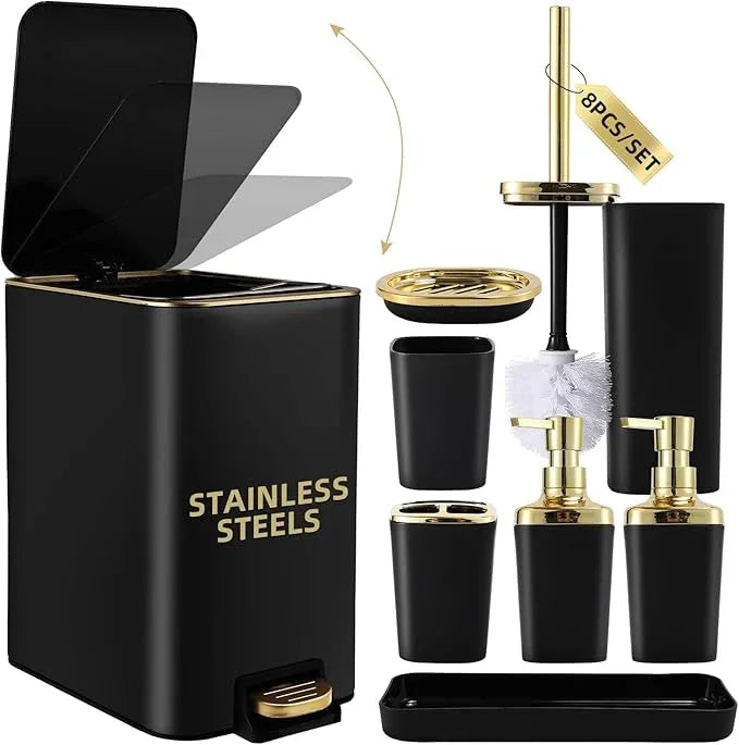XLHOMO Black Bathroom Accessories 8 Piece Black and Gold Bathroom Set, Bathroom Accessories with Stainless Steel Bathroom Trash Can,Toilet Brush,Toothbrush Set,Soap Dispenser - ModernBath