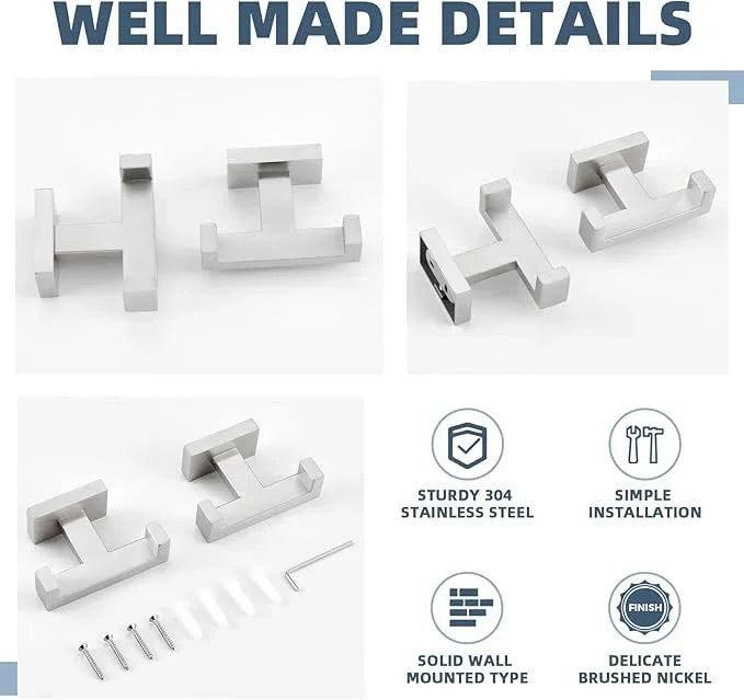 APLusee Double Bath Towel Hook 2 Pack, 304 Stainless Steel Square Dual Coat Holder, Modern Bathroom Kitchen Storage Hanger Wall Mounted, Brushed Nickel - ModernBath