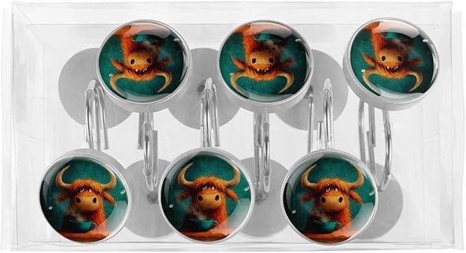 Cartoon Yak Rust Proof Shower Curtain Hooks 12Pcs for Bathroom Shower Rod, Decorative Shower Hooks Shower Curtain Hanger Rings Roller, Glass, Resin, Stainless Steel - ModernBath