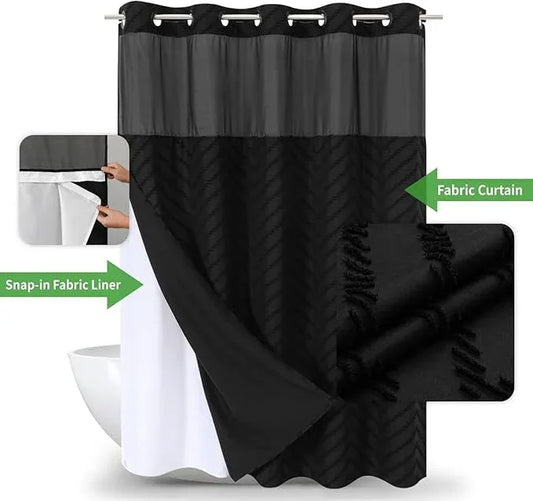eachope Extra Long No Hook Tufted Chevron Striped Shower Curtain with Snap-in Fabric Liner set-71Wx86H(84H),Black Hotel Grade Boho Style Shower Curtain,Water Repellent - ModernBath