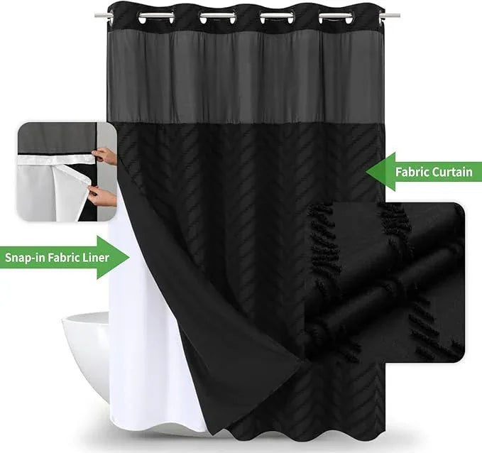 eachope Long No Hook Tufted Chevron Striped Shower Curtain with Snap-in Fabric Liner set-71Wx80H(78H),Black Hotel Grade Boho Style Shower Curtain with See Through Top Window,Water Repellent - ModernBath