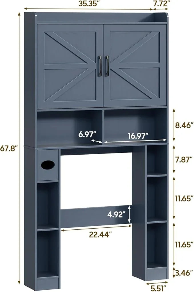 Over The Toilet Storage Cabinet, Farmhouse Toilet Cabinet Rack with Barn Doors, Space Saving Bathroom Organizer with Shelves, Toilet Paper Holder and Towel Rack for Bathroom,Restroom,Laundry,Blue - ModernBath
