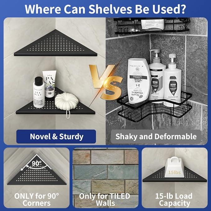 Corner Shower Shelf, 10" Matte Black 304 Stainless Steel Grout in Shelf Rack for for Tiled Wall, Recessed Bathroom Shelf - ModernBath