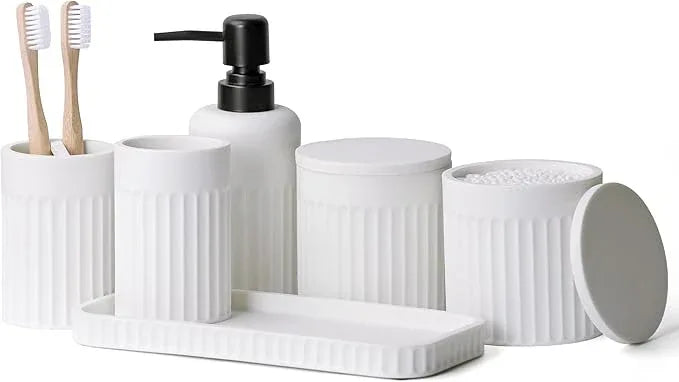 INIUNIK Bathroom Accessory Set - 6 Pieces Bathroom Accessories Set Complete with Soap Dispenser, Toothbrush Holders, Tumbler, Vanity Tray and 2 Qtip Holder for Home Organizer and Decor, White - ModernBath