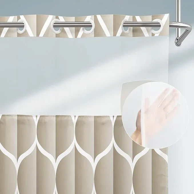 Yiatn No Hook Cream Shower Curtain with Snap in Fabric Liner Set - Hotel Style with See Through Mesh Top Window, Modern Geometric Waterdrop Design,Waterproof and Washable, 71x74 INCH - ModernBath