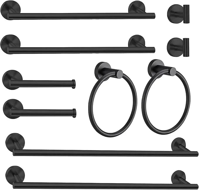 10Pcs Bath Towel Bar Set, Includes 23.6 & 16 Inch Towel Bars, Hooks, Rings & Toilet Paper Holder - Black - ModernBath