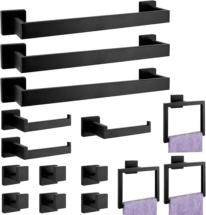 Bathroom Accessories Towel Bar Set: 15 Pieces Matte Black Bathroom Hardware Square SUS304 Stainless Steel - Wall Mounted Towel Rack&Toilet Paper Holder&Towel Ring and Towel Hook - ModernBath