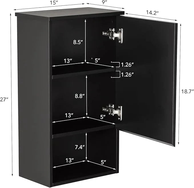 Bathroom Wall Cabinet with Single Door, Soft-Close Hinges, 15x27 inch Wooden Medicine Cabinet for Small Kitchen, Laundry, Entryway, Durable MDF Construction - ModernBath