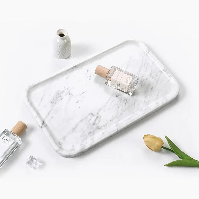Yew & Tulip 14" x 8.5" Natural Marble Tray for Kitchen, Bathroom, Living Room – Serving/Decorative Vanity Tray for Jewelry, Candles, Decor (Carrara White) - ModernBath