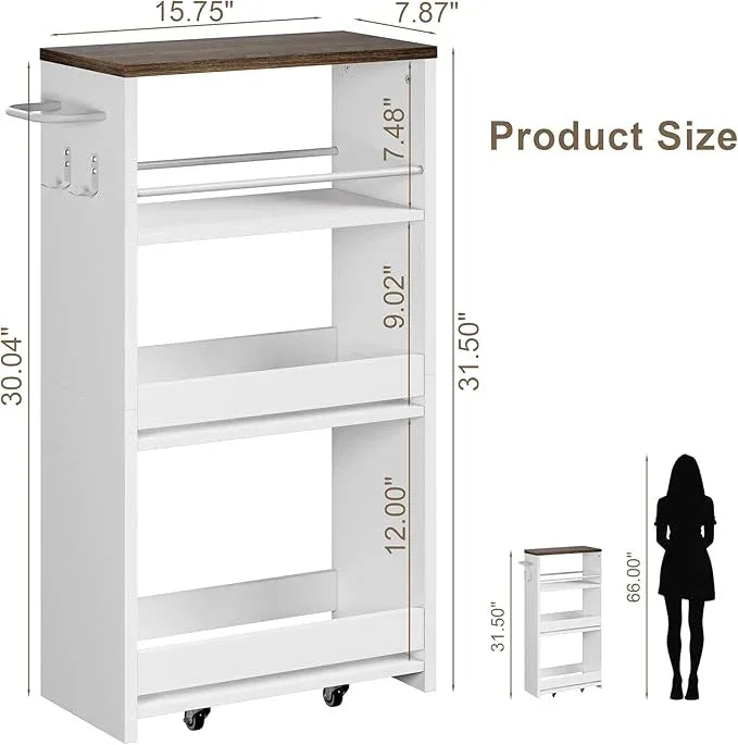 ChooChoo 4-Tier Slim Storage Cart with Handle, 7.87" W Rolling Utility Cart on Universal Wheels, Kitchen Cart Mobile Shelving Organization for Laundry Room, Bathroom & Narrow Places (Walnut & White) - ModernBath