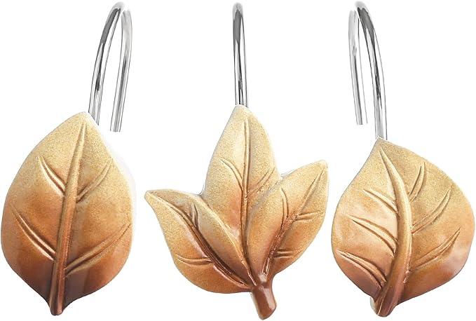 Gibelle 12PCS Leaves Shower Curtain Hooks, Brown Plant Leaf Decorative Shower Curtain Hooks Metal Rustproof Cute Eucalyptus Shower Curtain Rings Bathroom Decoration Accessories - ModernBath