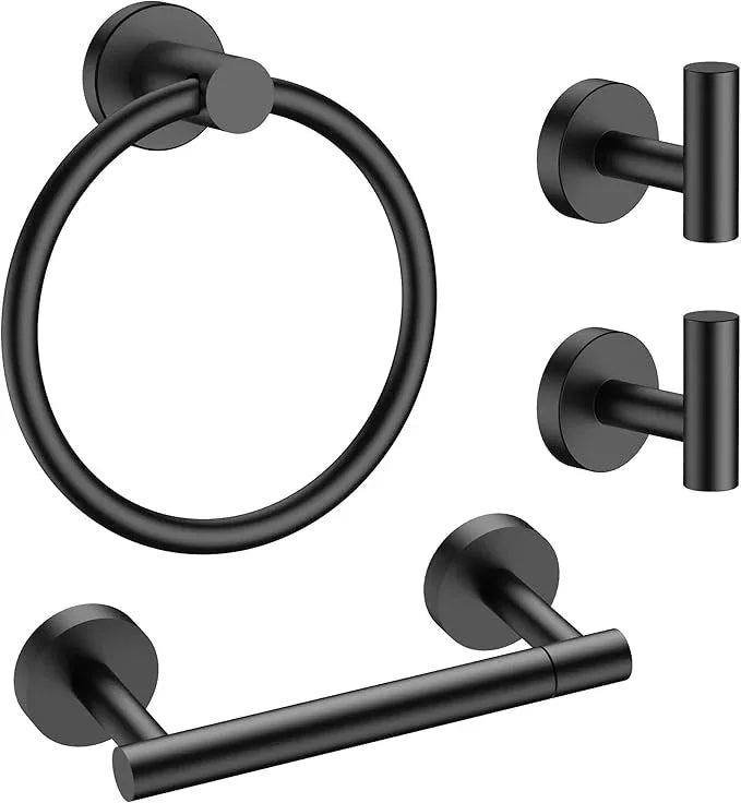 FORIOUS 4 Piece Bathroom Accessories, SUS304 Stainless Steel Double Post Pivoting Toilet Paper Holder, Towel Ring and 2 Towel Hooks, Wall Mounted Bathroom Hardware Set (Matte Black) - ModernBath