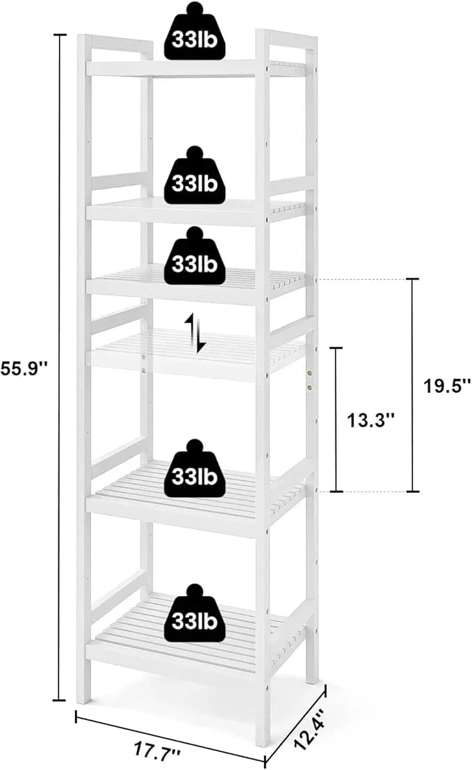 Homykic Bamboo Bookshelf, 5-Tier Narrow 55.9” Adjustable Book Shelf Bookcase Bathroom Shelves Freestanding Storage Stand for Living Room, Bedroom, Kitchen, Rust Resistance, Easy Assembly, White - ModernBath