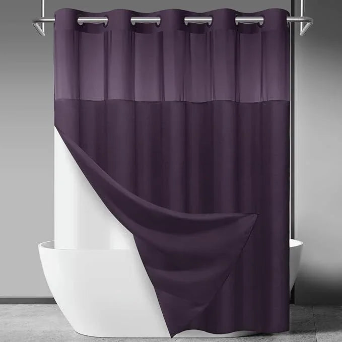 SORTTO No Hook Slub Textured Shower Curtain with Snap in Liner - Purple Fabric Outer Curtain & Waterproof Inner Liner, Hotel Style with See Through Top Window, 71x74 in - ModernBath