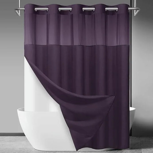 SORTTO No Hook Slub Textured Shower Curtain with Snap in Liner - Purple Fabric Outer Curtain & Waterproof Inner Liner, Hotel Style with See Through Top Window, 71x74 in - ModernBath
