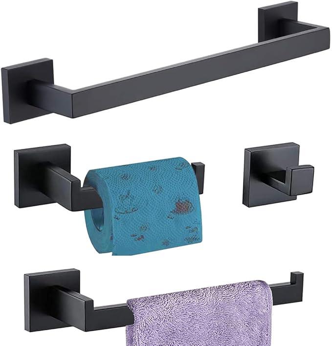 Bathroom Hardware Set 4 Piece Matte Black Bathroom Accessories Set SUS304 Towel Bar Set Includes Towel Bar 16 Inch+Towel Holder+Toilet Paper Holder+Towel Hook (4, Matte Black) - ModernBath