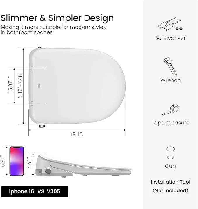 R&T V305 Round Bidet Toilet Seat, Electri Bidet Seat with Adjustable Warm Water, Air Dryer, Heated Seat, Night Light, Deodorization - ModernBath