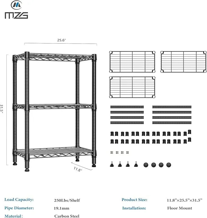 750 lbs 3 Tier Shelf Metal Storage Shelves Wire Rack Closet Organizers for Garage Kitchen Bathroom Laundry Black 11.8" D x 25.6" W x 31.5" H - ModernBath