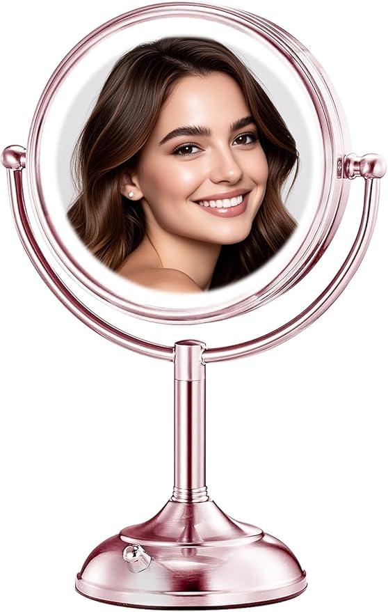 VESAUR Lighted Makeup Mirror Rose Gold Nickel, Double Sided 1X/10X HD Undistorted Magnifying Mirror, 8.5" Vanity Mirror with 3 Colors Dimmable 90 Bright LEDs, 360°Swivel Two Power Supply, Luxury Gifts - ModernBath