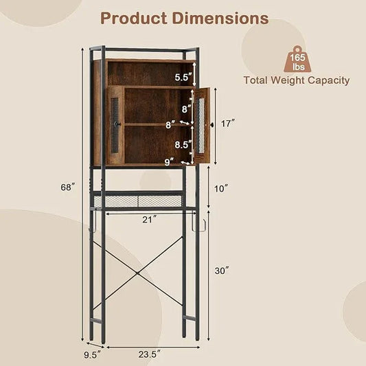 Tangkula Over The Toilet Storage Cabinet, 5-Tier Space Saver Above Toilet with 2 Mesh Doors, Metal Stand, Toilet Paper Holder & Hook, Freestanding Bathroom Cabinet Organizer for Laundry, Rustic Brown - ModernBath