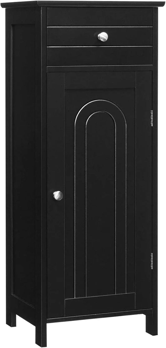 Tangkula Bathroom Floor Cabinet, Wooden Side Storage Organizer, Free-Standing Single Door Floor Storage Cabinet with Large Drawer & 2 Adjustable Shelves for Living Room Kitchen (Black) - ModernBath