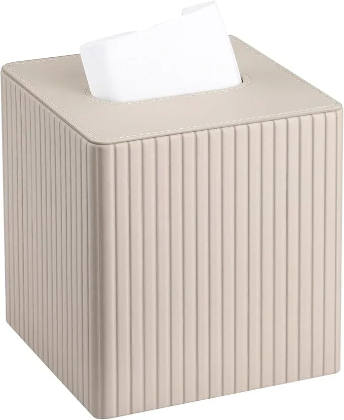 KINGFOM Tissue Box Cover, PU Leather Square Tissue Box Holder for Kleenexs with Magnetic Bottom Cover for Facial Tissues/Napkins, Office & Living Room Decor Box (Beige Strips) - ModernBath