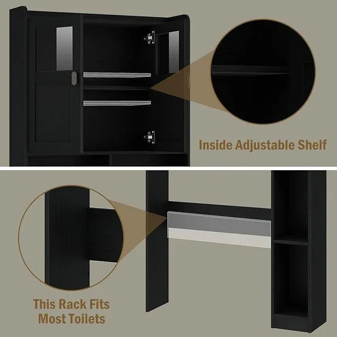 Vabches Over The Toilet Storage Cabinet, Bathroom Shelf Over Toilet with Glass Doors and Adjustable Shelves, Black Freestanding Home Space Save Toilet Rack, for Restroom, Bathroom, Laundry - ModernBath