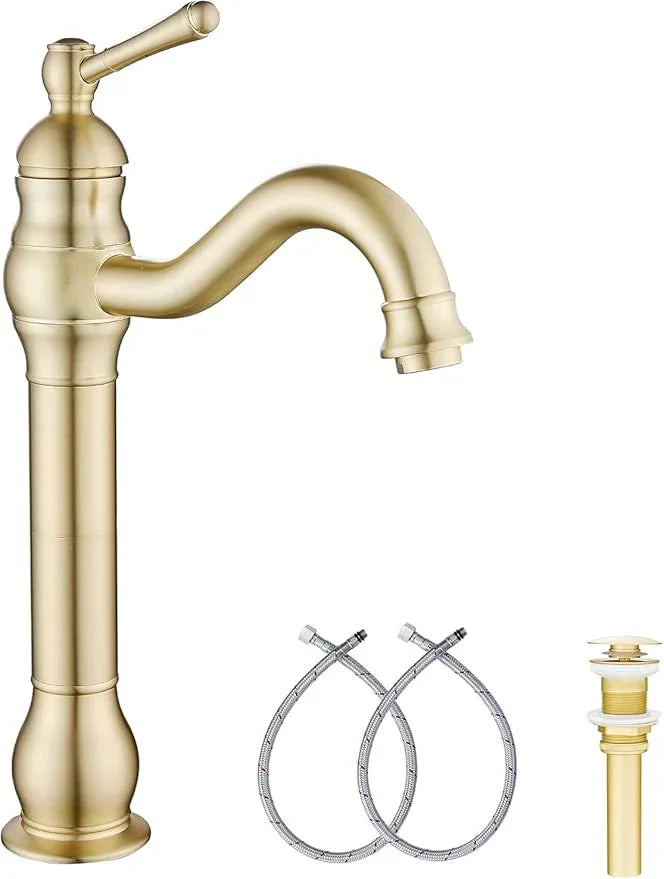 GGStudy 360 Swivel Single-Handle One Hole Vessel Sink Faucet with Matching Pop Up Drain - Brushed Gold Farmhouse Bathroom Vanity Faucet - ModernBath