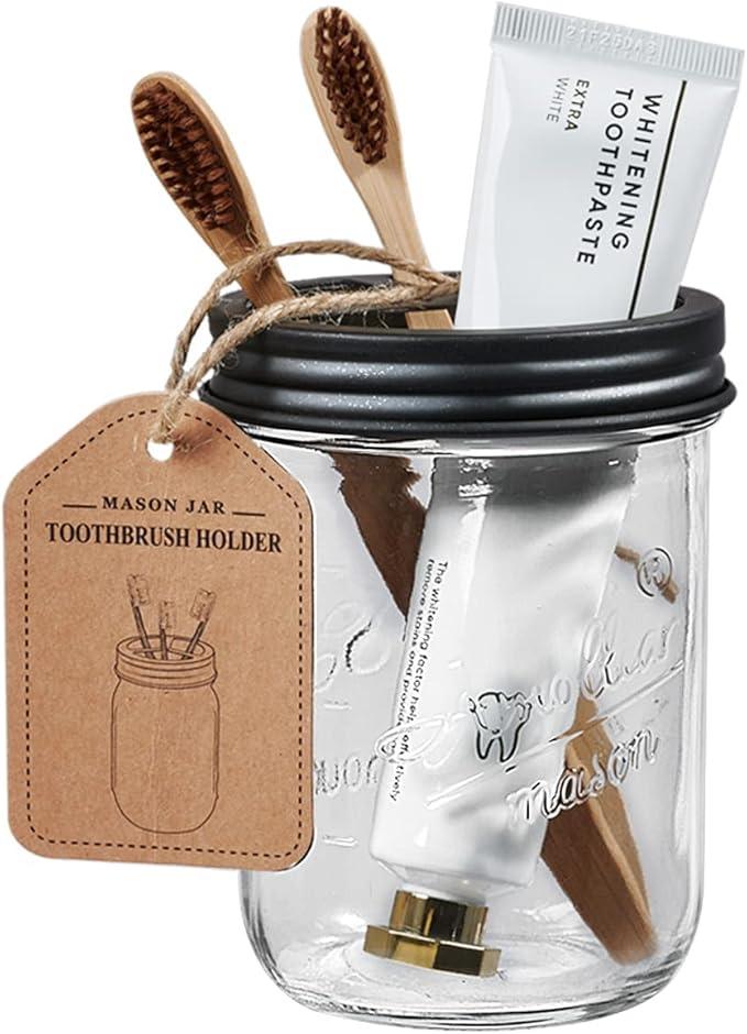 Amolliar Mason Jar Bathroom Accessories Set 4 Pack - Foaming Soap Dispenser&2 Qtip Holders&Toothbrush Holder-Rustic Farmhouse Decor Bathroom Organizer Apothecary Jar Country Countertop (Black) - ModernBath
