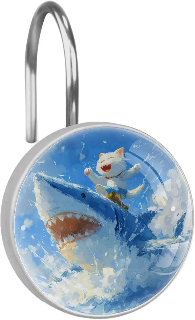 Cat Riding Shark Shower Curtain Hooks Rings, Stainless Steel Rust Proof Shower Curtain Hooks, Decorative Shower Hooks for Bathroom Shower Rods Curtains, Set of 12 - ModernBath
