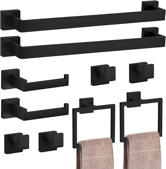 10-Pieces Matte Black Bathroom Accessories Set, 23.6 Inch Bath Towel Bar Set, SUS 304 Stainless Steel Bathroom Hardware Set, Towel Racks for Bathroom Wall Mounted. - ModernBath
