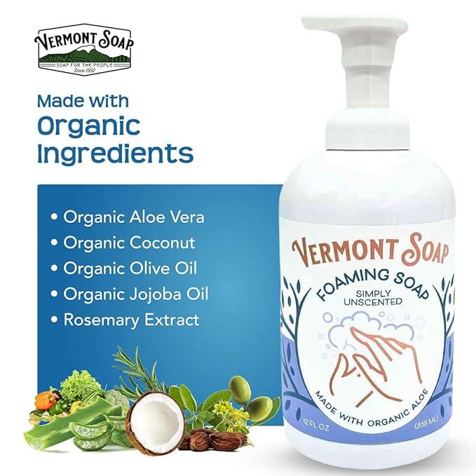 VERMONT SOAP Organic Unscented Foaming Hand Soap - Natural Moisturizing Soap for Dry Skin - Fragrance Free Liquid Bathroom Hand Soap Dispenser - Simply Unscented - 12 oz - ModernBath