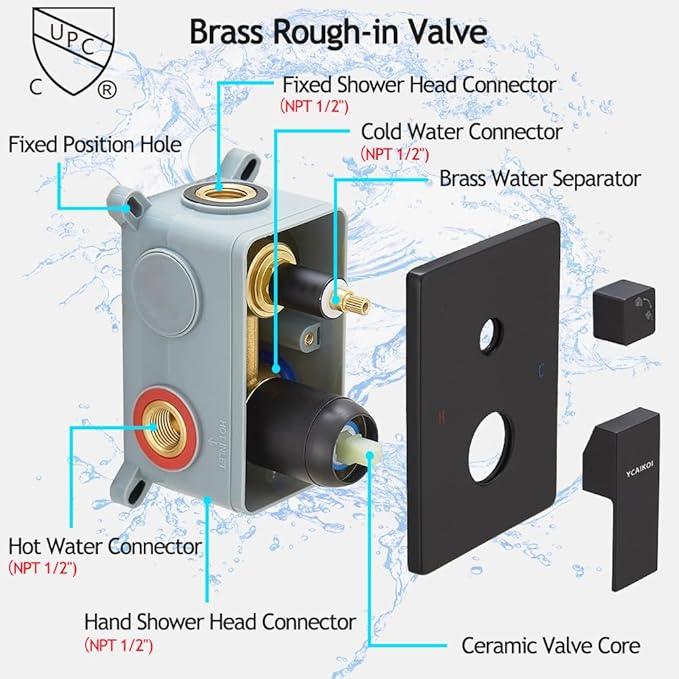 YCAIKOI Matte Black Shower System, 8 Inch High Pressure Rain Shower with Handheld, Wall Mount Shower Faucet Set for Bathroom, Rough-in Valve Body and Trim Included - ModernBath