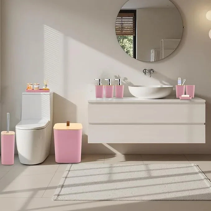 XLHOMO Pink Bathroom Accessories, Bathroom Accessories Set with Trash Can, Soap Dispenser, Toothbrush Holder, Toothbrush Cup, Soap Dish, Toilet Brush, Tray and Q-tip Holders for Housewarming - ModernBath