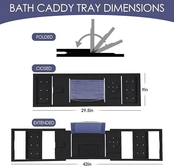 Foldable Bathtub Caddy Tray, Bamboo Bath Tub Tray Table for Tub with Wine Glass Holder Book Phone Tablet Holder with Extending Sides, Adjustable Bathroom Bathtub Free Soap Holder Gift Idea (Black) - ModernBath