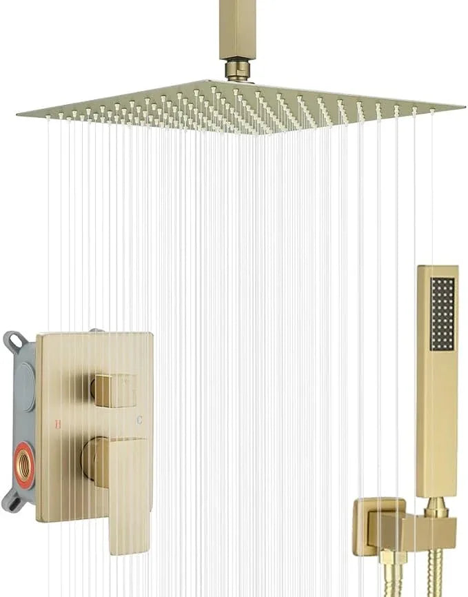 JingGang 12 Inch Ceiling Mount ‎Brushed Gold Shower System Bathroom Luxury Rain Mixer Shower Combo Set Ceiling Rainfall Shower Head System (Contain Shower Faucet Rough-in Valve Body and Trim Kit) - ModernBath