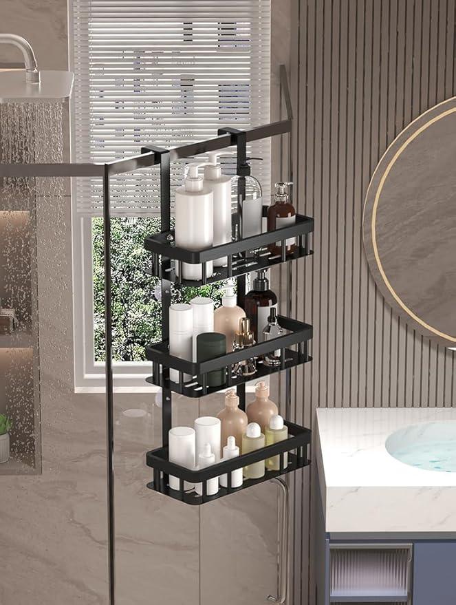 3-Tier Over Door Shower Caddy, Black Metal Bathroom Storage Rack, 11.81x5.31 Inch Shelves, Rustproof Organizer, Modern Style, No Drilling Required, for Toiletry Storage - ModernBath