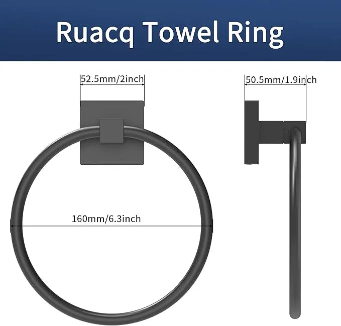 RUACQ Matte Black Towel Ring, Square Base Towel Holder, Stainless Steel Hand Towel Hanger Wall Mounted, Modern Hand Towel Holder for Bathroom, Heavy Duty - ModernBath