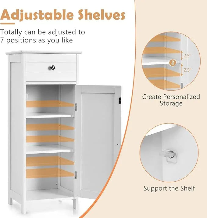 COSTWAY Bathroom Storage Cabinet, Single Door Floor Cabinet with Drawer and 3-Level Adjustable Shelves, Modern Side Storage Organizer with Anti-Tipping Device for Living Room, Bedroom (White) - ModernBath
