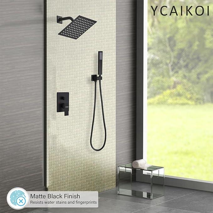 YCAIKOI Matte Black Shower System, 8 Inch High Pressure Rain Shower with Handheld, Wall Mount Shower Faucet Set for Bathroom, Rough-in Valve Body and Trim Included - ModernBath