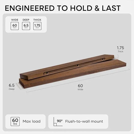Homeforia Classic Walnut 60 inch Floating Shelf, High End Solid Real Wood Small 60inch Floating Shelves for Wall Mounted, 60in Floating Shelves, Heavy Duty Bracket, 60 X 6.5 X 1.75 inches, Set of 3 - ModernBath