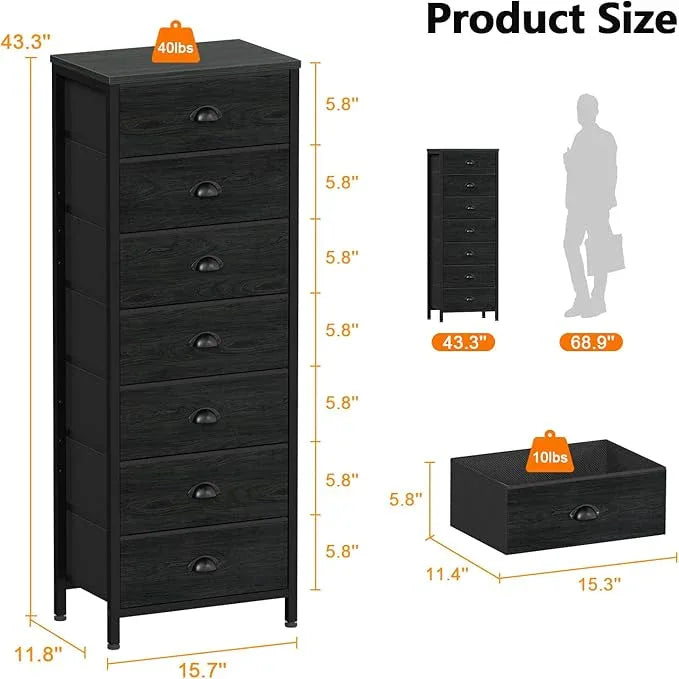 Furnulem Bedroom Dresser, Tall Chests of Drawers with 7 Fabric Bins, Black Organizer in Closet, Dorm, Living Room, Nursery, Hallyway-Storage Tower Unit, Sturdy Steel Frame - ModernBath