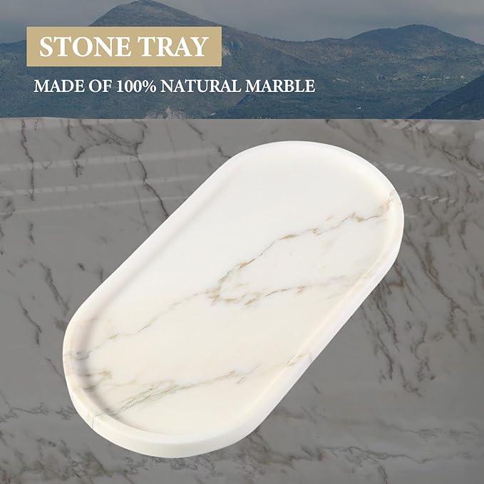 Koville White Marble Tray with Gold Pattern for Bathroom Counter, Stone Trays for Home Decor Marble Vanity Tray, Stone Storage Trays for Perfume, Jewelry, Decorative Tray for Dresser Organizer - ModernBath
