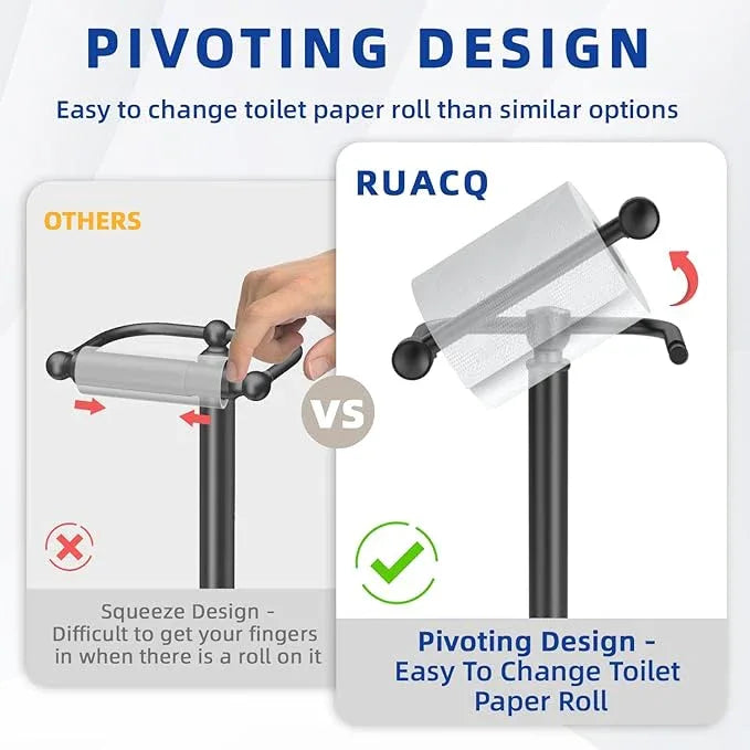 RUACQ Toilet Paper Holder Stand, Bathroom Toilet Paper roll Holder Free Standing with Storage for 4 Rolls, Post Pivoting Design, Stable Weighted Base, SUS304 Stainless Steel (Matte Black) - ModernBath