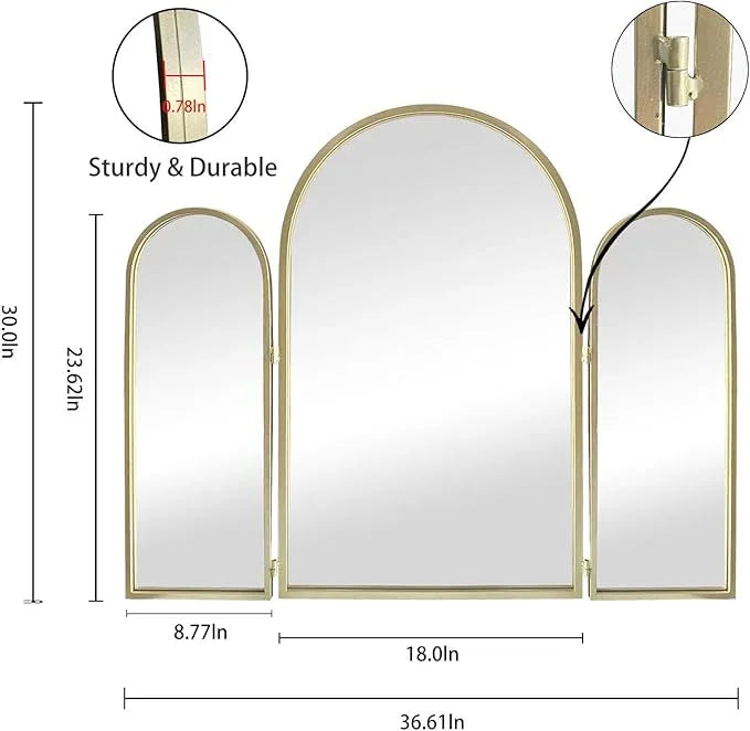 BAODANFU Trifold Vanity Mirrors 3 Way, 30 x 37in Adjustable Vanity Mirrors for Bathroom, Bedroom, Champaign Golden Arch Mirrors Wall Mounted Decoration, Braiding Hair, Makeup 360° Way - ModernBath