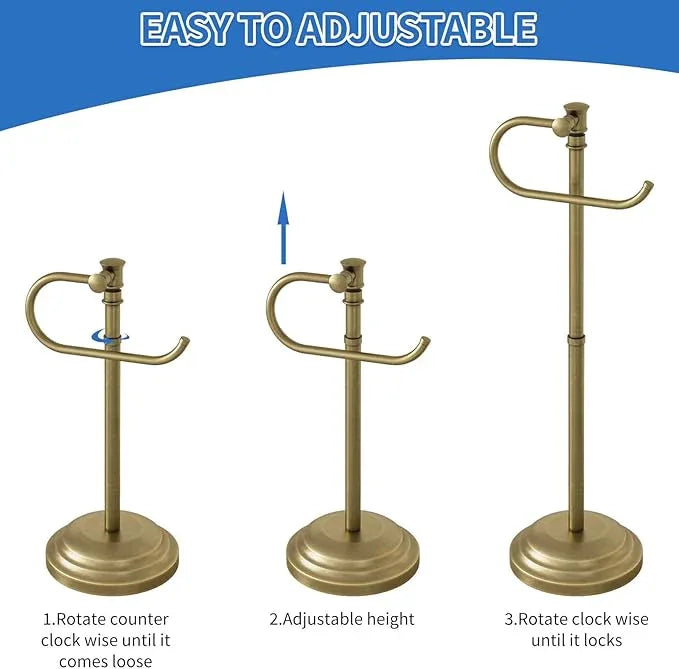 RUMOSE Toilet Paper Holder Stand for Floor,Antique Brass Adjustable (12.4" to 22.8") Bathroom Toilet Tissue Holder, Free Standing Paper Roll Holder with Storage, Stainless Steel - ModernBath