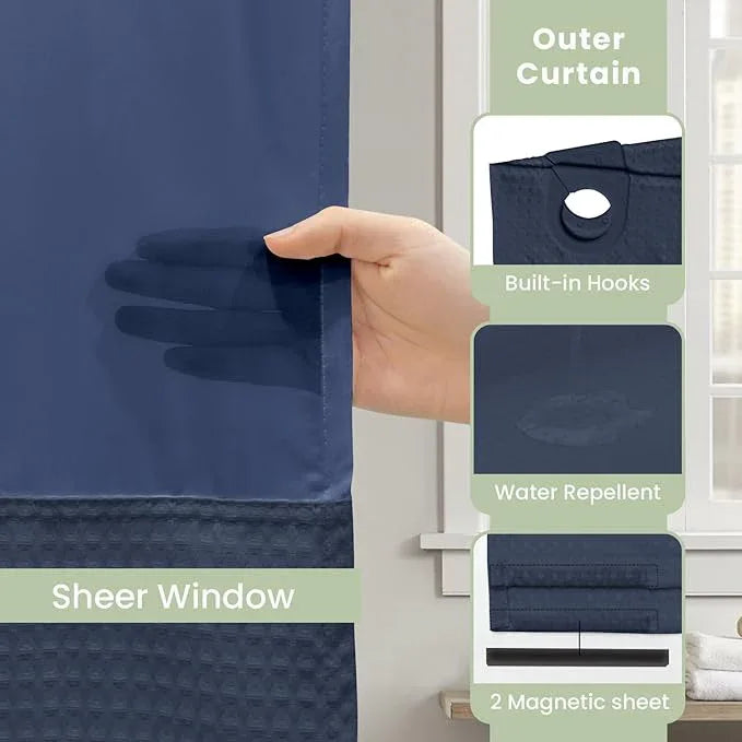 Inhousolu Stall No Hook Shower Curtain with Snap in Fabric Liner Set Waffle Weave 230GSM Weighted Hem, Waterproof & Washable Bathroom Curtain Spa Luxury with Mesh Top Window 36" W x 72" L Navy Blue - ModernBath